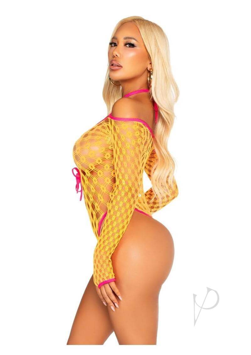 Model in a vibrant yellow eyelet net teddy with pink accents, showcasing a tie front keyhole detail.
