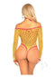 Leg Avenue Eyelet Net Teddy in yellow with tie front and keyhole detail, showcasing a sensual off-shoulder design.