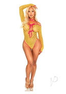 Model wearing Leg Avenue Eyelet Net Teddy in yellow with pink accents, featuring tie front keyhole details for a sensual look.