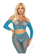 Leg Avenue blue rhinestone fishnet crop top and footless tights styled outfit for a seductive look.