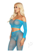 Leg Avenue blue rhinestone fishnet crop top and footless tights, perfect for a seductive and glamorous look.