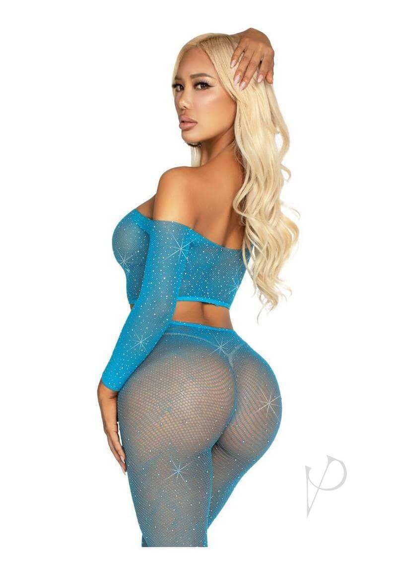 Model wearing Leg Avenue Rhinestone Fishnet Crop Top and Footless Tights in blue, showcasing curves and sparkle.