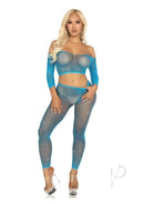 Leg Avenue rhinestone fishnet crop top and footless tights in blue, showcasing a sexy and stylish design.