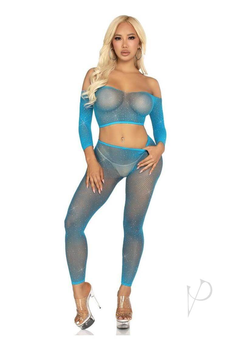 Leg Avenue rhinestone fishnet crop top and footless tights in blue, showcasing a sexy and stylish design.