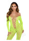 Leg Avenue neon green crotchless footless lingerie jumpsuit with faux lace-up detail.