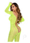 Neon green Leg Avenue Python net crotchless footless lingerie jumpsuit with faux lace-up detail.