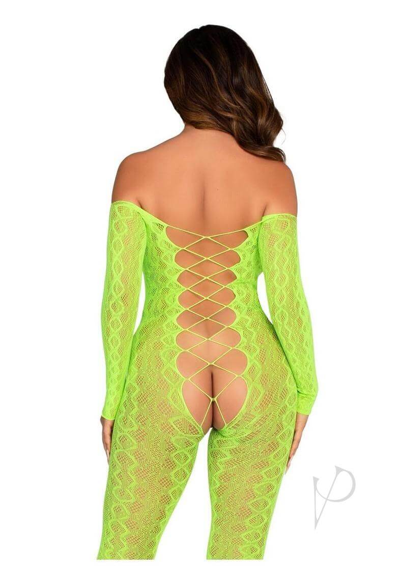 Neon green Leg Avenue crotchless footless lingerie jumpsuit featuring faux lace-up detail, seen from the back.