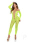 Leg Avenue Python Net Crotchless Footless Lingerie Jumpsuit in neon green, featuring lace-up detail and off-shoulder design.