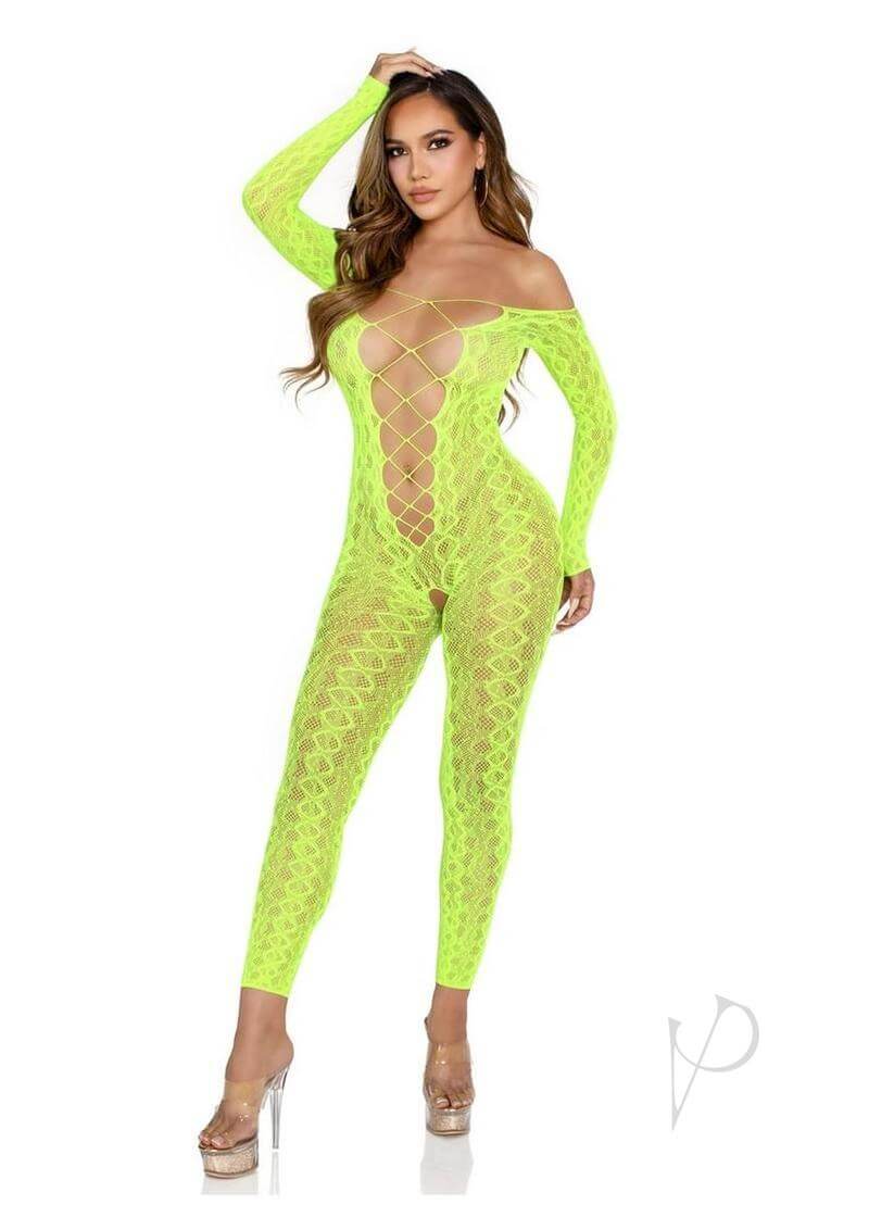 Leg Avenue Python Net Crotchless Footless Lingerie Jumpsuit in neon green, featuring lace-up detail and off-shoulder design.