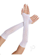 Leg Avenue Sweetheart Striped Keyhole Arm Warmers in white, showcasing elegant lace design and stylish length.