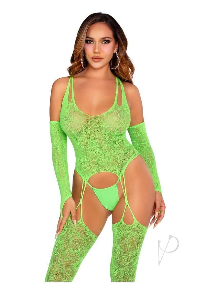 Leg Avenue neon green lace halter garter bodysuit with stockings, designed for a seductive and confident look.