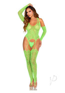 Leg Avenue neon green lace bodysuit with long sleeves and garter details, perfect for a seductive look.