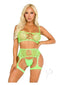 Leg Avenue green fishnet bra top and garter harness set, showcasing a stylish design for confidence and sensuality.