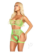 Leg Avenue green fishnet bra top and garter harness set showcased on model, highlighting stylish lingerie design.
