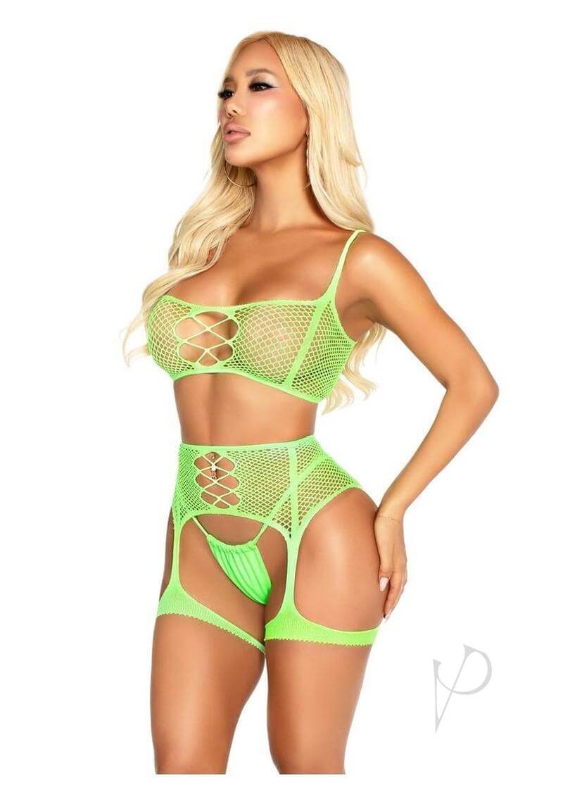 Leg Avenue green fishnet bra top and garter harness set showcased on model, highlighting stylish lingerie design.
