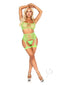 Leg Avenue green fishnet bra top and garter harness set on model, showcasing elegant and sensual lingerie design.