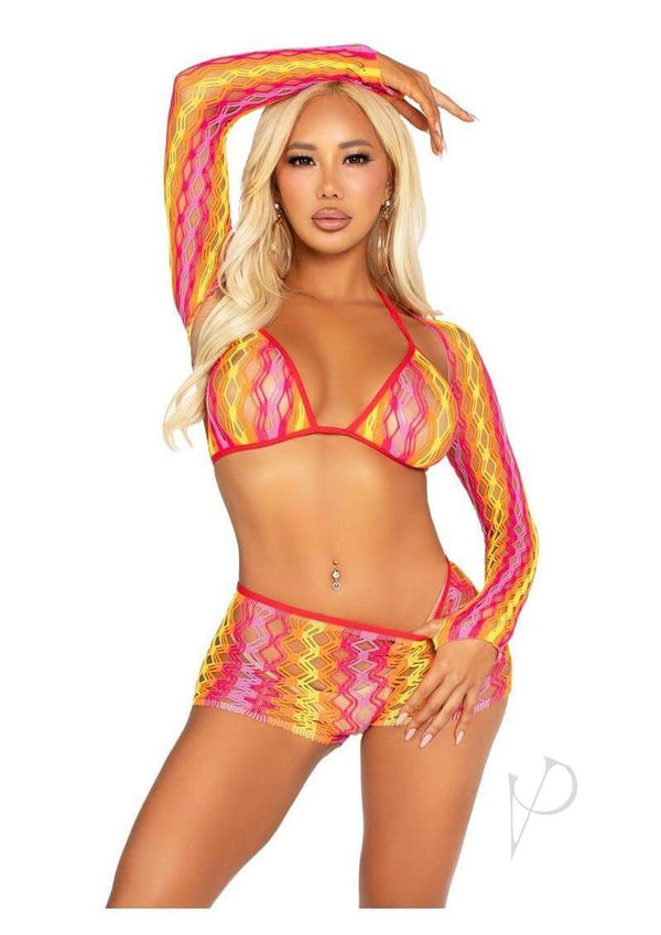 Colorful Leg Avenue Zig Zag Net bikini set featuring a top, boyshorts, and shrug for a vibrant summer look.