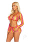 Vibrant Leg Avenue Zig Zag Net bikini top and boyshorts set styled with a matching shrug, showcasing colorful, seductive design.