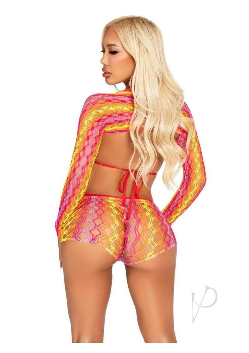 Leg Avenue Zig Zag Net Bikini Top with Boyshorts and Shrug in vibrant pink and yellow colors, showcasing a stylish back view.