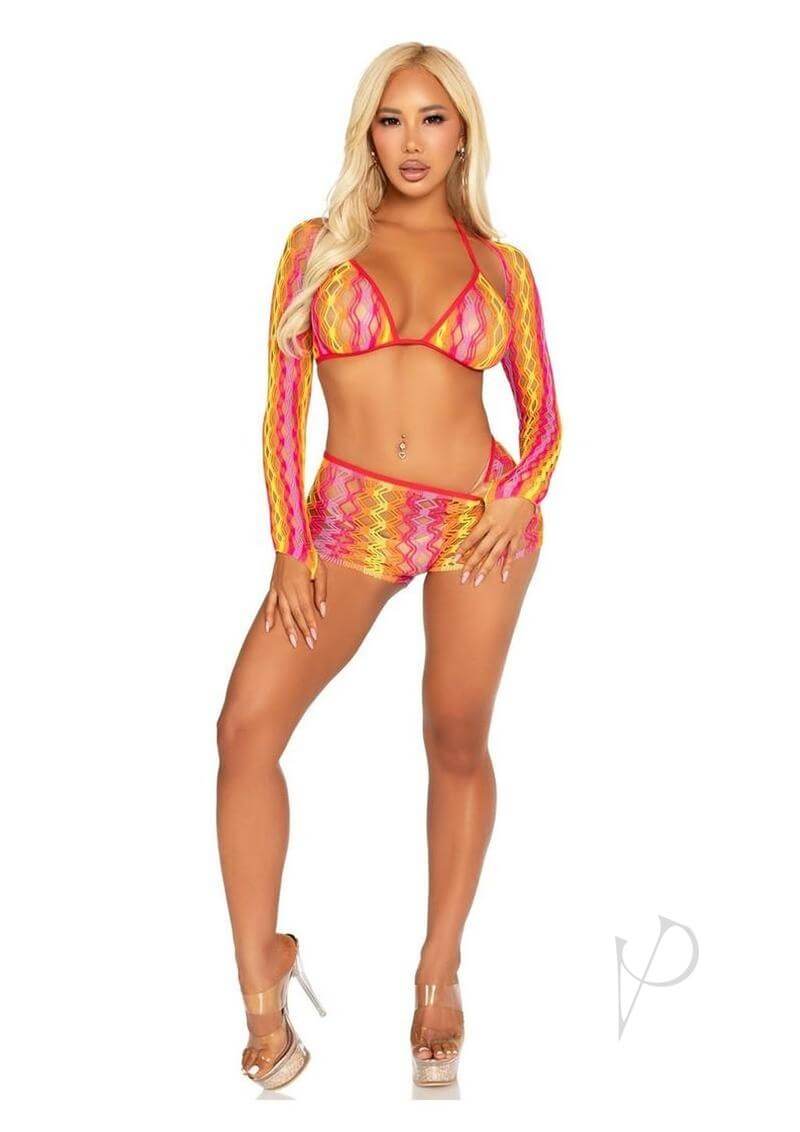 Leg Avenue Zig Zag Net Bikini Top, boyshorts, and shrug in vibrant colors, designed for elegance and sensuality.