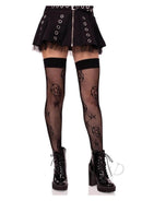 Leg Avenue Occult Net Thigh Highs in black paired with a black skirt and chunky boots, showcasing edgy fashion.