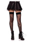 Leg Avenue Occult Net Thigh Highs in black paired with a black skirt and chunky boots, showcasing edgy fashion.