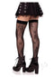 Model wearing Leg Avenue Occult Net Thigh Highs with pentagram design and a short black skirt.