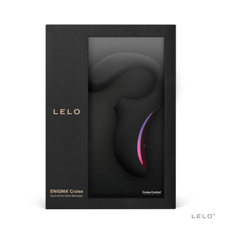 LELO ENIGMA CRUISE Suction Dual Stimulator Black packaging displayed on a sleek background.
