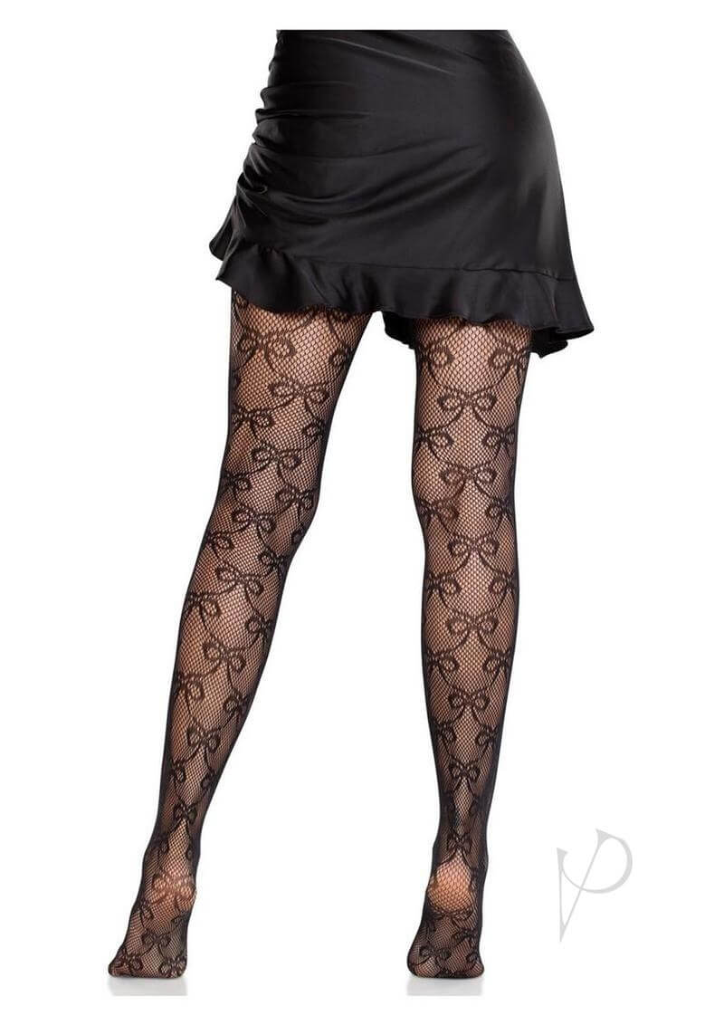 Leg Avenue Bow Net Tights in black, featuring a woven bow design, styled with a black skirt for a flirty look.