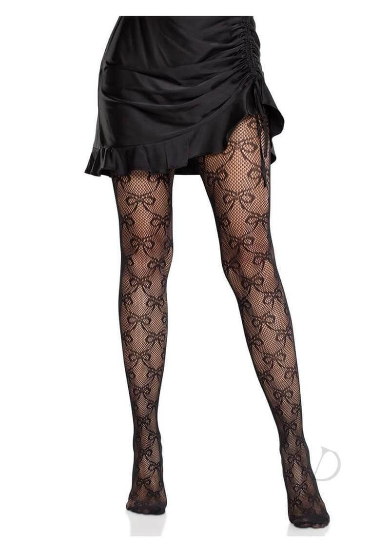 Leg Avenue Bow Net Tights in black, featuring a woven bow design, perfect for a flirty, stylish look.
