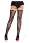 Leg Avenue Black Floral Net Toe Loop Footless Thigh Highs with high heels, perfect for sexy lingerie styles.