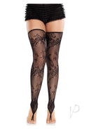 Leg Avenue Floral Net Toe Loop Footless Thigh Highs in black, featuring intricate lace design and sexy silhouette.