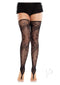 Leg Avenue Floral Net Toe Loop Footless Thigh Highs in black, featuring intricate lace design and sexy silhouette.