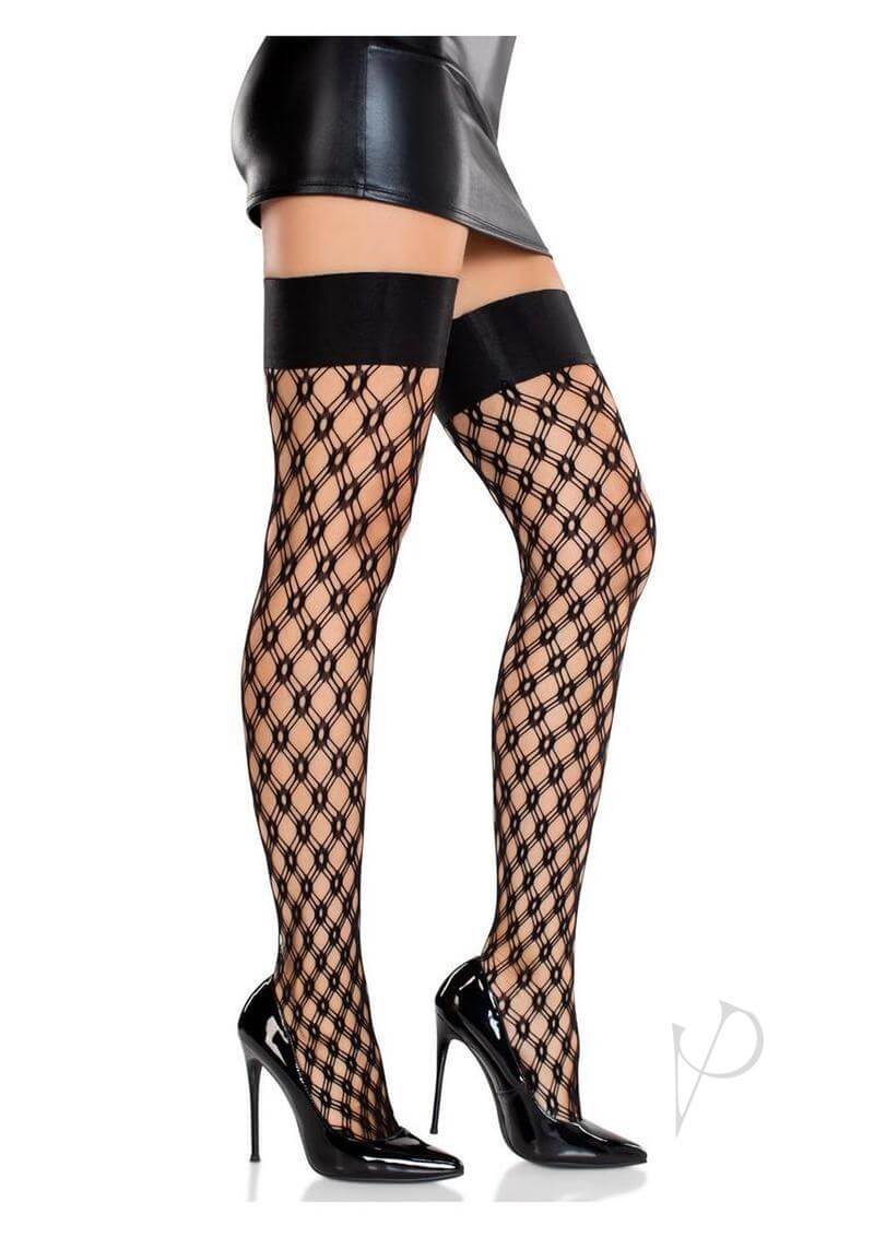 Leg Avenue Eyelet Net Thigh Highs with Elastic Top in black thigh-high fashion stockings, featuring an elaborate fishnet design.