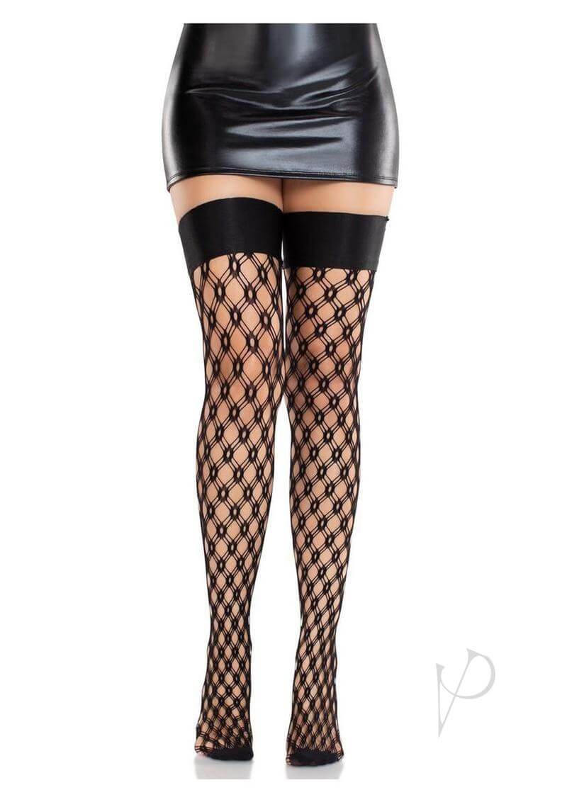 Leg Avenue Eyelet Net Thigh Highs with Elastic Top in black, featuring an intricate fishnet design and satin elastic bands.