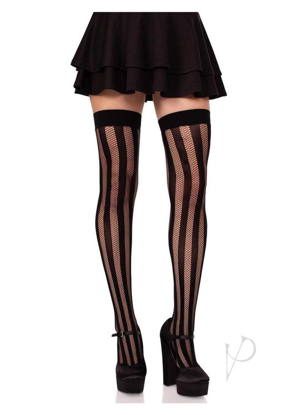 Net And Opaque Striped Thigh Highs Black-0