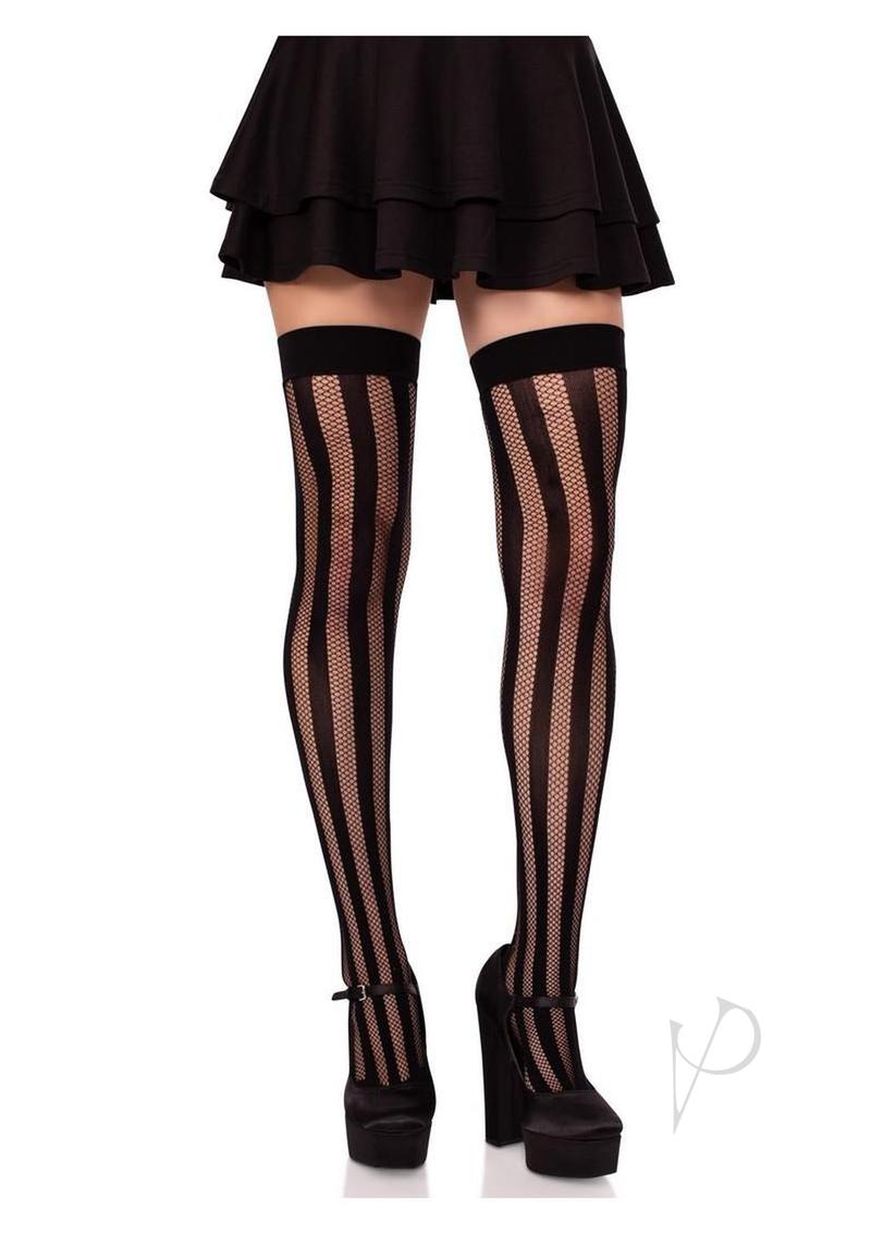 Net And Opaque Striped Thigh Highs Black-0