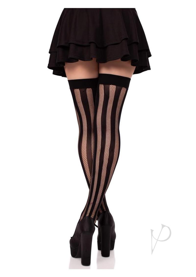 Net And Opaque Striped Thigh Highs Black-2
