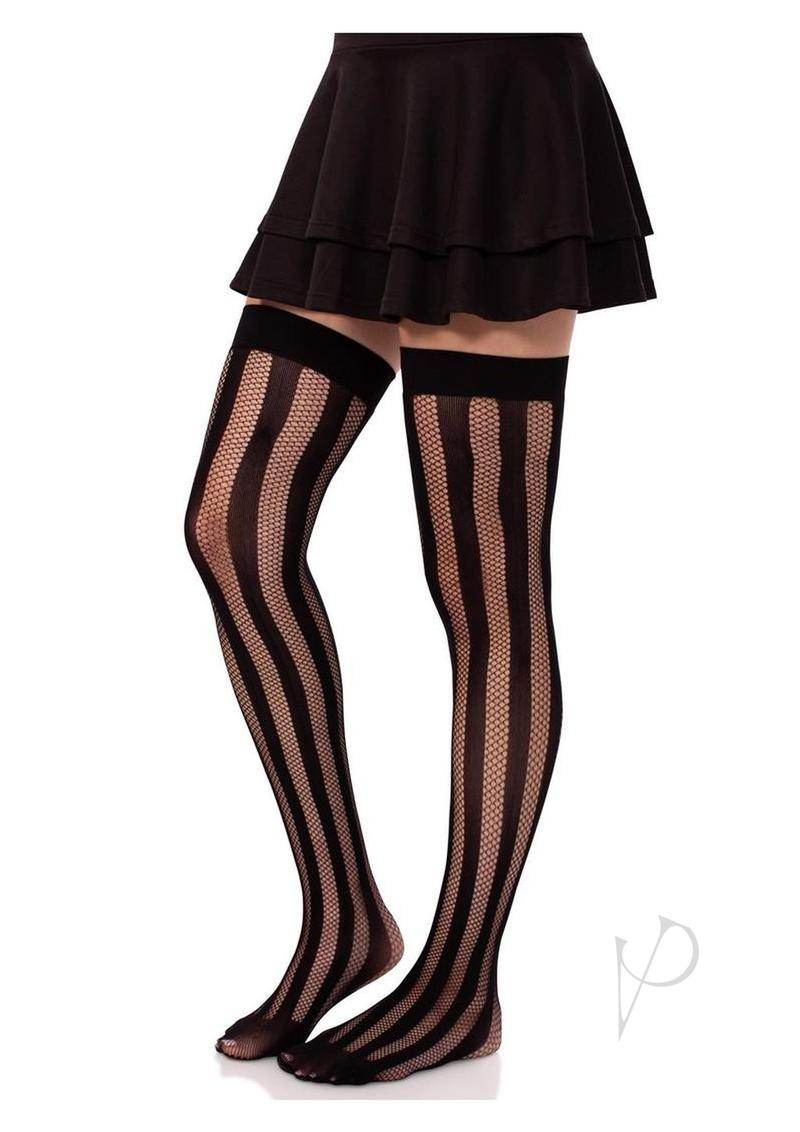 Net And Opaque Striped Thigh Highs Black-3