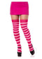 Model wearing pink striped thigh highs with a pink mini skirt and high heels, showcasing Leg Avenue lingerie style.
