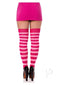 Leg Avenue pink acrylic striped thigh highs worn with a pink mini skirt and high heels, showcasing a playful and stylish look.