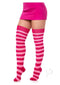 Leg Avenue pink acrylic striped thigh highs worn with a mini skirt, highlighting elegance and vibrant color.