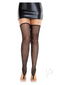 Leg Avenue black fishnet toe loop footless thigh highs worn with a black leather mini skirt.