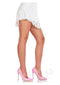 Leg Avenue pink spandex diamond panty hose worn with white lace dress and pink heels, showcasing stylish legwear.