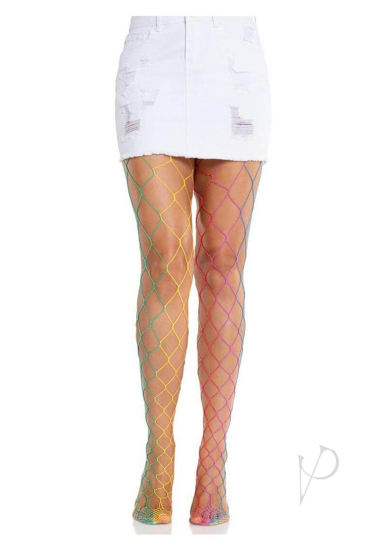 Leg Avenue Rainbow Fence Net Tights in multicolor worn with a white mini skirt, perfect for festivals or summer looks.