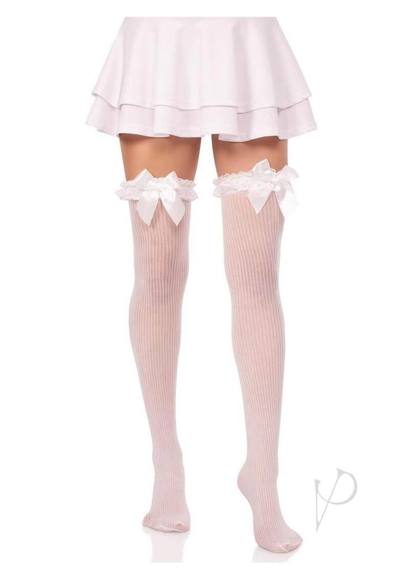 Lace Garter Stripe Thigh Bow Wht Os-3