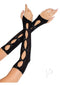 Leg Avenue Sweetheart Striped Keyhole Arm Warmers with mini bows, elegant black design, perfect for any occasion.