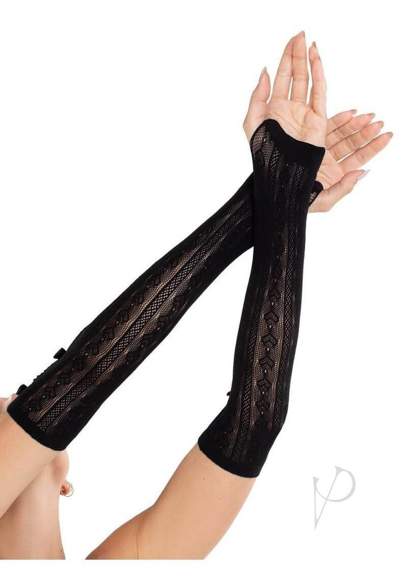 Leg Avenue Sweetheart Striped Keyhole Arm Warmers in black with mini bow accents, perfect for adding elegance and style.
