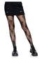 Leg Avenue Alien Net Tights in black featuring alien skull designs, paired with a stylish distressed black skirt.