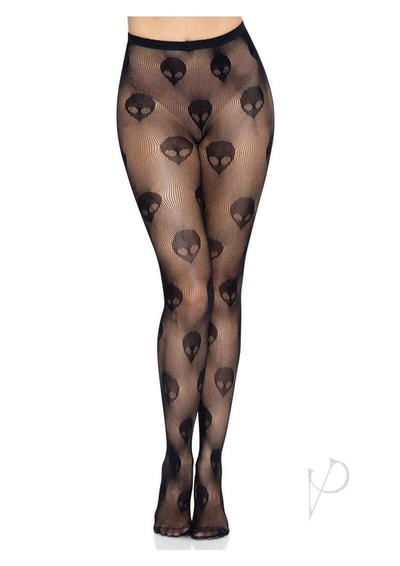 Leg Avenue Alien Net Tights Black OS featuring alien skull pattern for a unique fashion statement.
